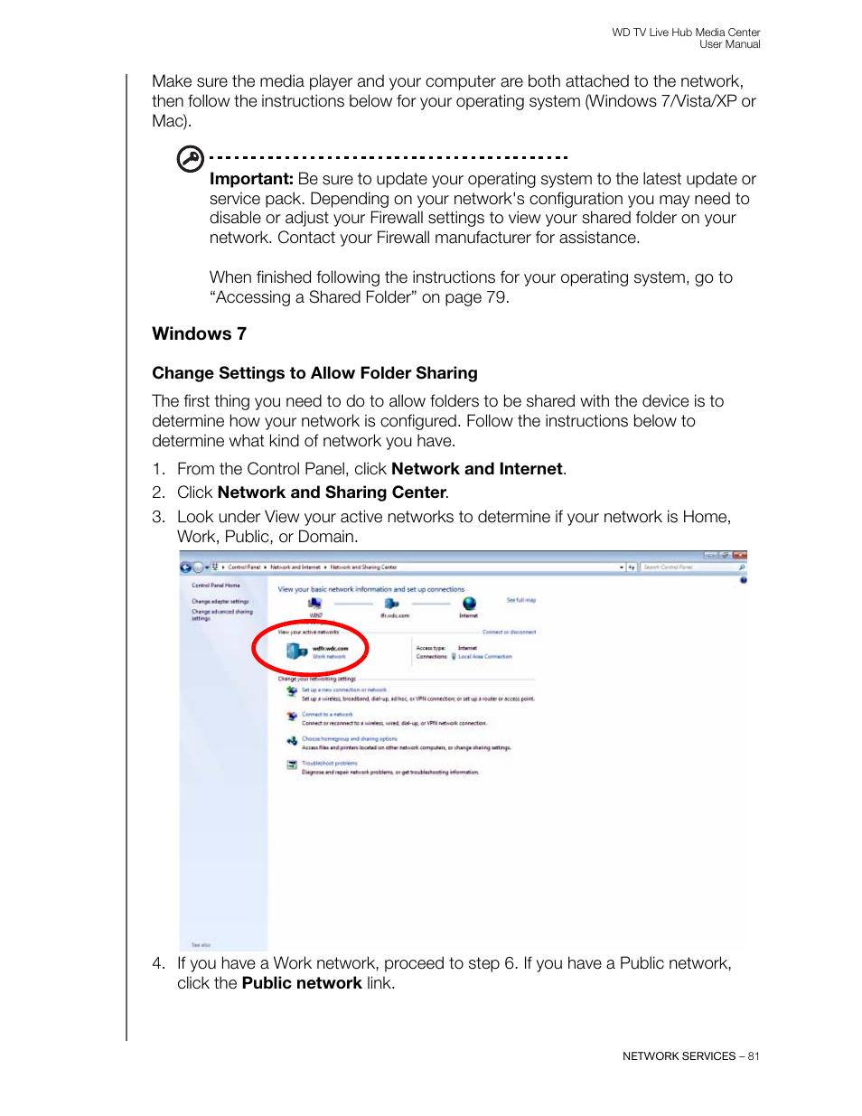 Windows 7, Change settings to allow folder sharing | Western Digital WD TV Live Hub Media Center User Manual User Manual | Page 86 / 241