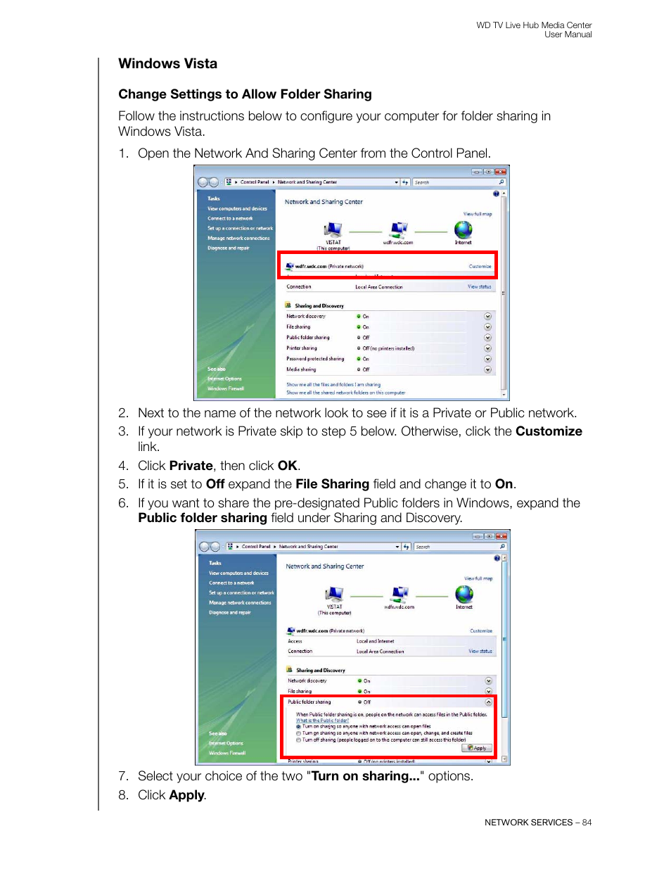 Windows vista, Change settings to allow folder sharing | Western Digital WD TV Live Hub Media Center User Manual User Manual | Page 89 / 241