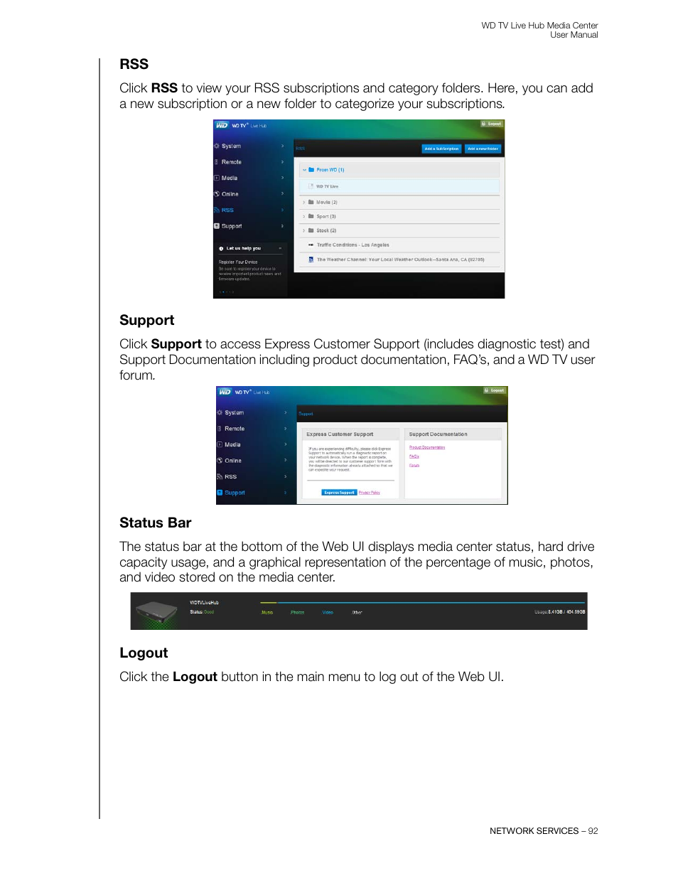Support, Status bar, Logout | Western Digital WD TV Live Hub Media Center User Manual User Manual | Page 97 / 241