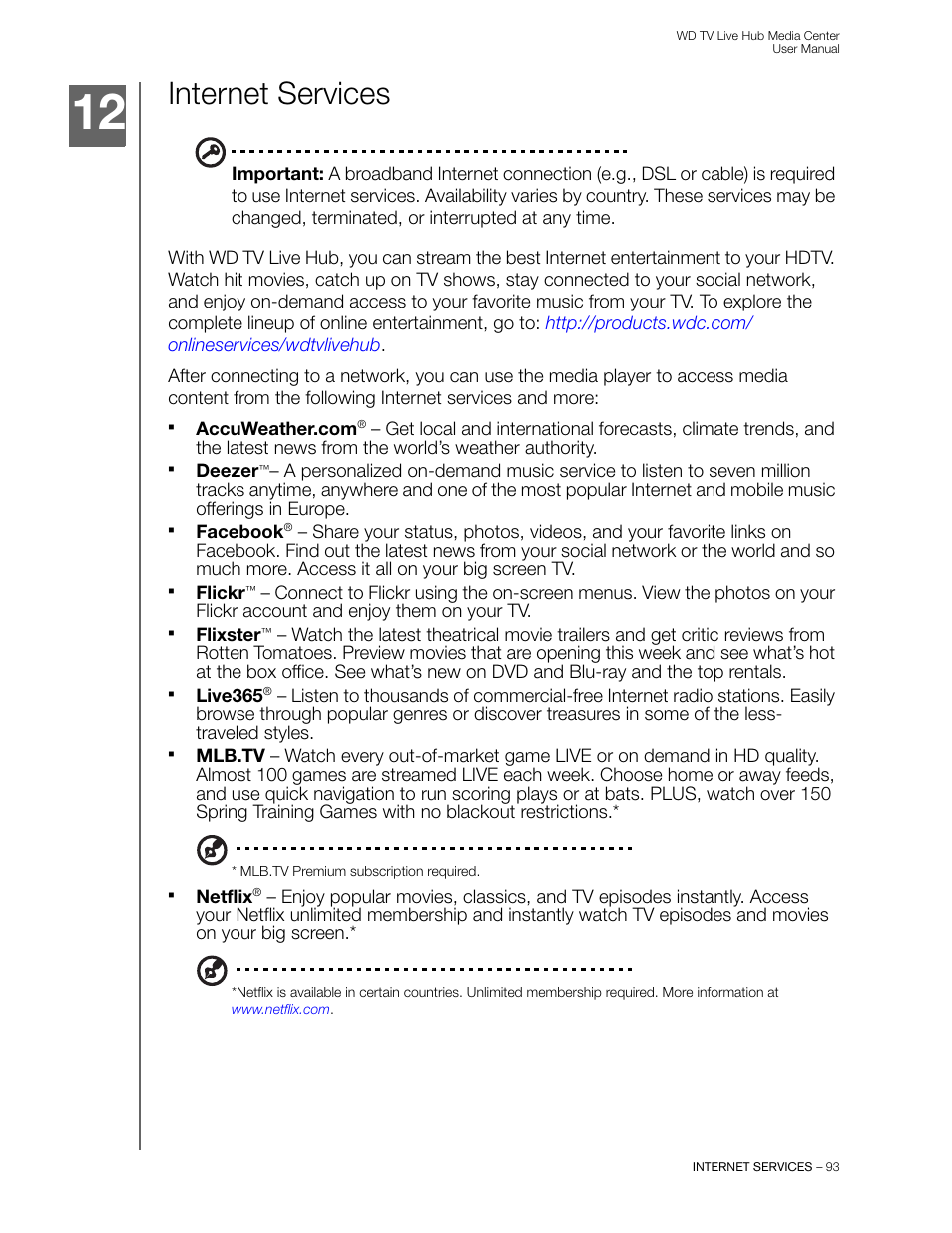 Internet services | Western Digital WD TV Live Hub Media Center User Manual User Manual | Page 98 / 241