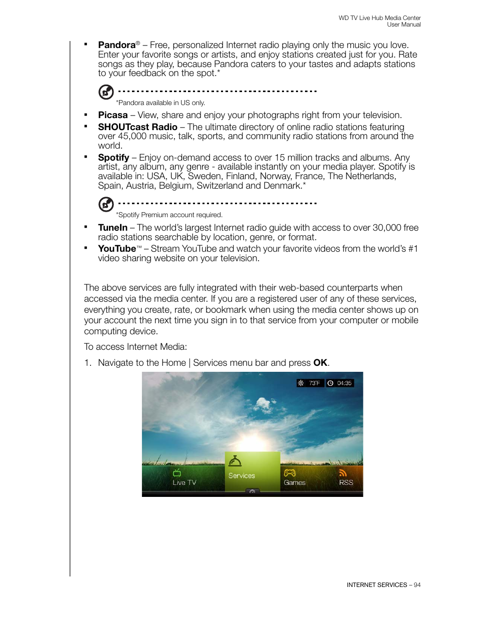 Pandora, Youtube | Western Digital WD TV Live Hub Media Center User Manual User Manual | Page 99 / 241