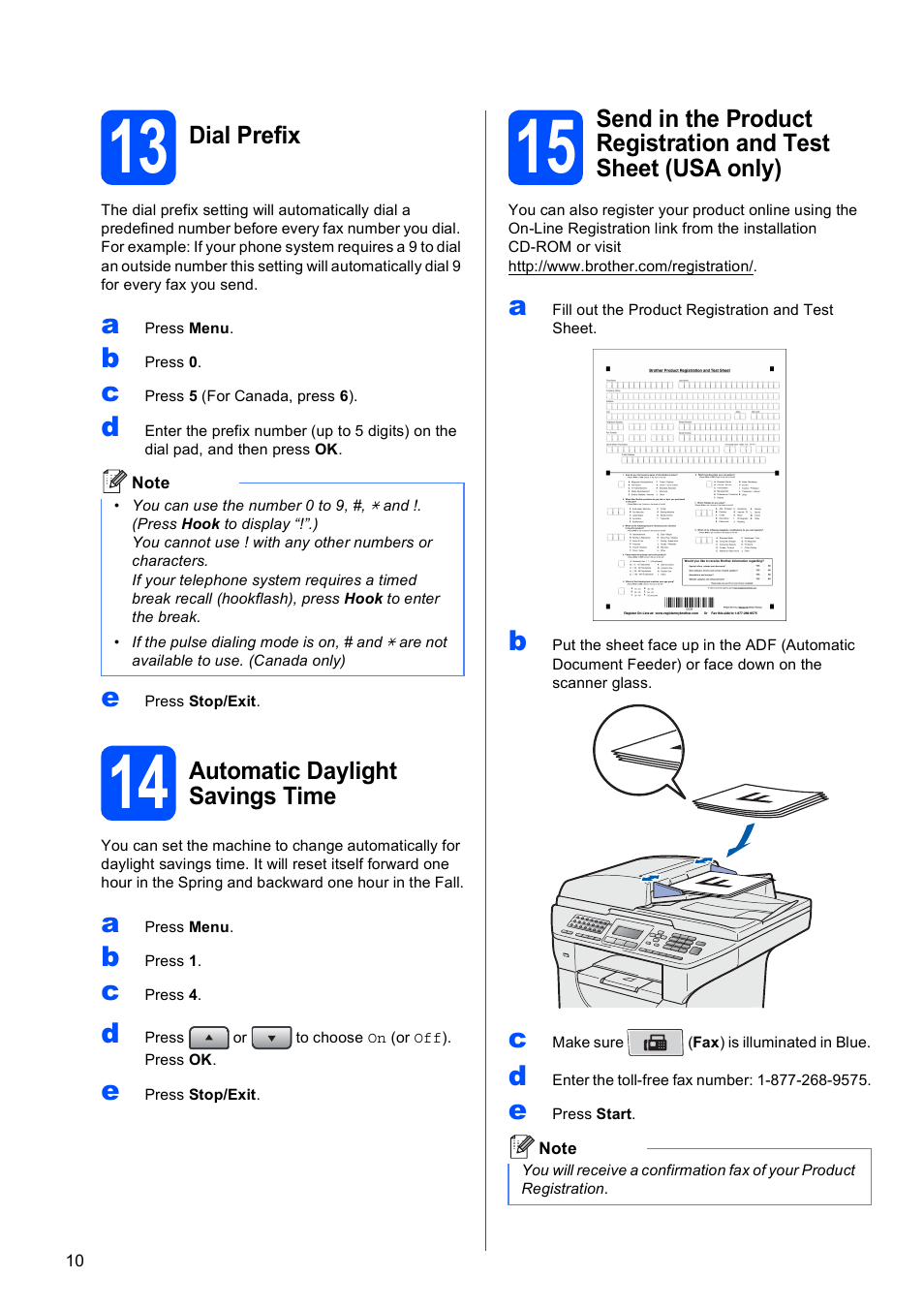 13 dial prefix, 14 automatic daylight savings time | Brother MFC 8890DW User Manual | Page 10 / 46