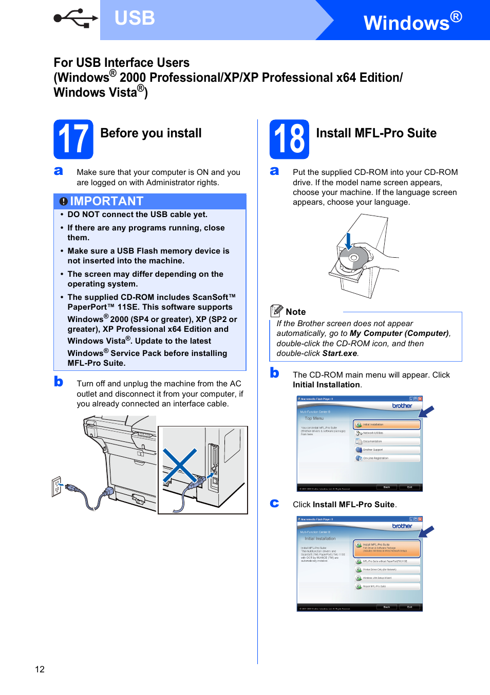 17 before you install, 18 install mfl-pro suite, Windows | Brother MFC 8890DW User Manual | Page 12 / 46