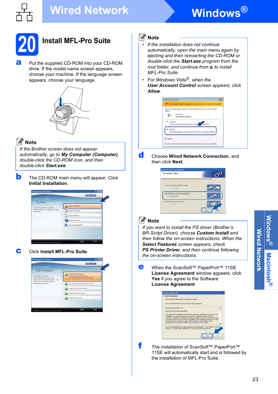 20 install mfl-pro suite, Windows, Wired network | Install mfl-pro suite | Brother MFC 8890DW User Manual | Page 23 / 46