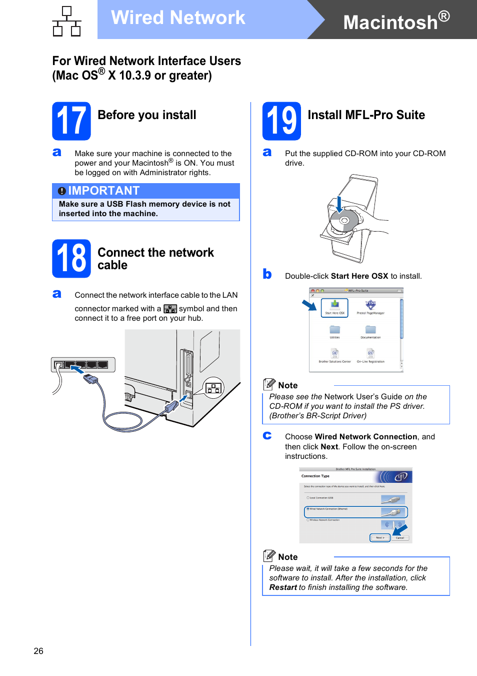 17 before you install, 18 connect the network cable, 19 install mfl-pro suite | Macintosh, Wired network | Brother MFC 8890DW User Manual | Page 26 / 46