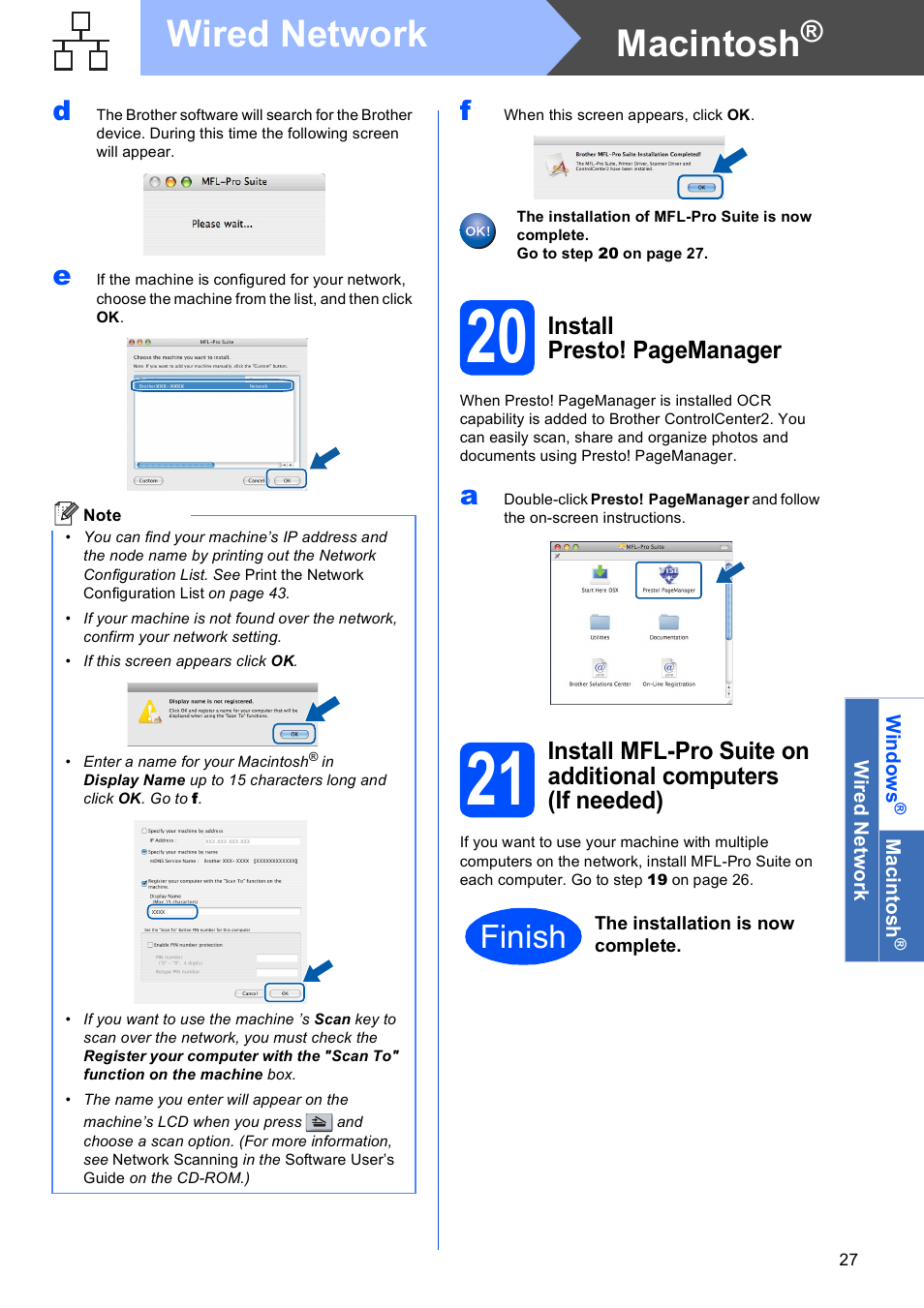 Macintosh, Wired network, Finish | Brother MFC 8890DW User Manual | Page 27 / 46