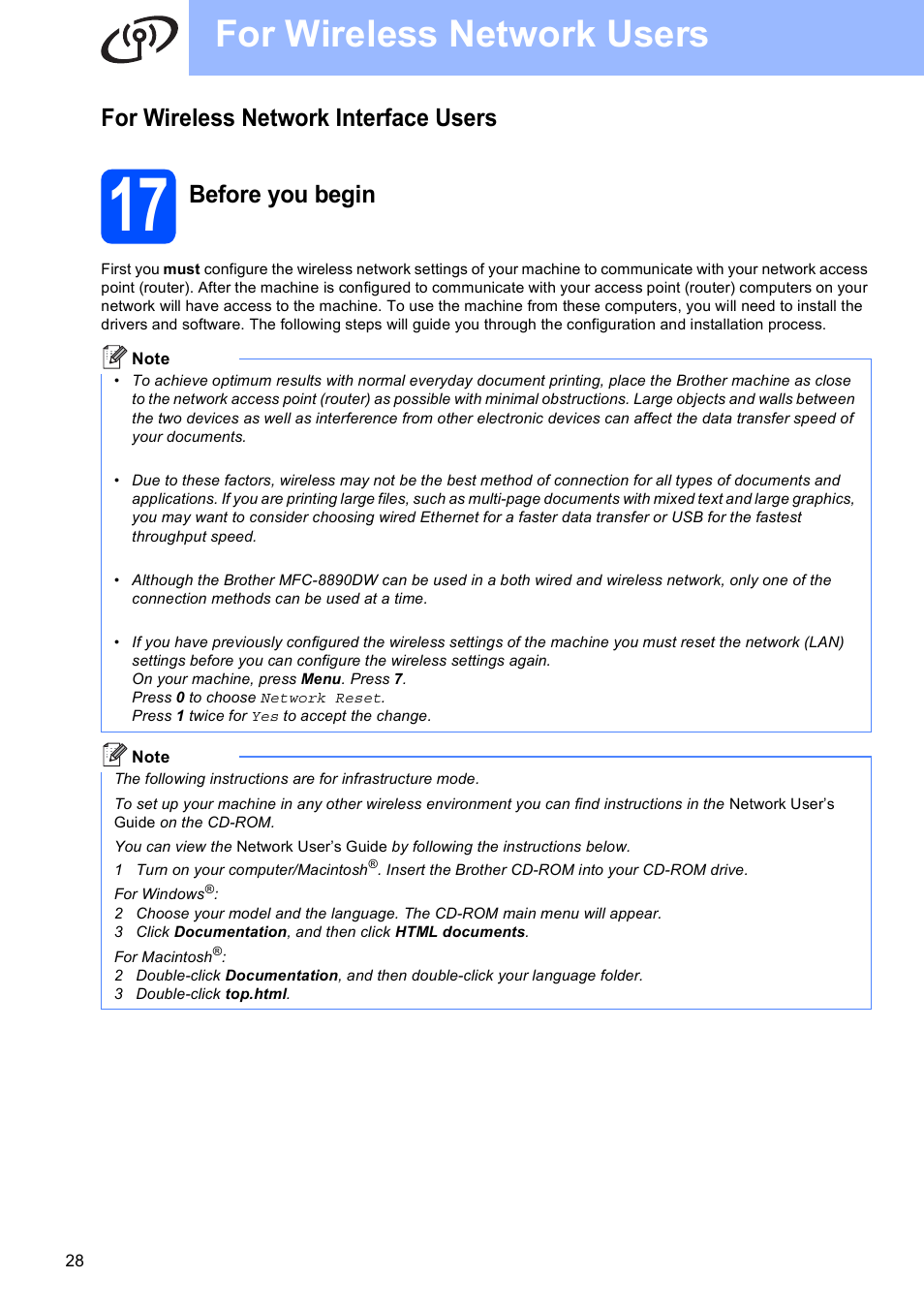 For wireless network interface users, 17 before you begin, For wireless network users | Before you begin | Brother MFC 8890DW User Manual | Page 28 / 46