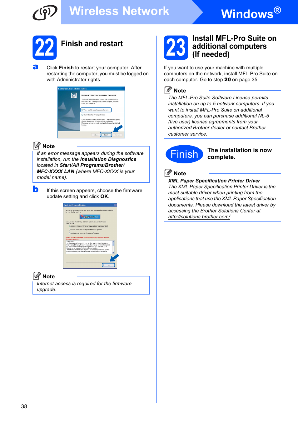 22 finish and restart, Windows, Wireless network | Finish | Brother MFC 8890DW User Manual | Page 38 / 46