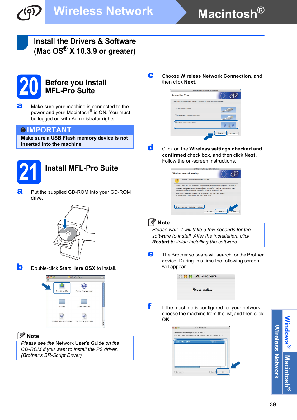 20 before you install mfl-pro suite, 21 install mfl-pro suite, Macintosh | Wireless network | Brother MFC 8890DW User Manual | Page 39 / 46