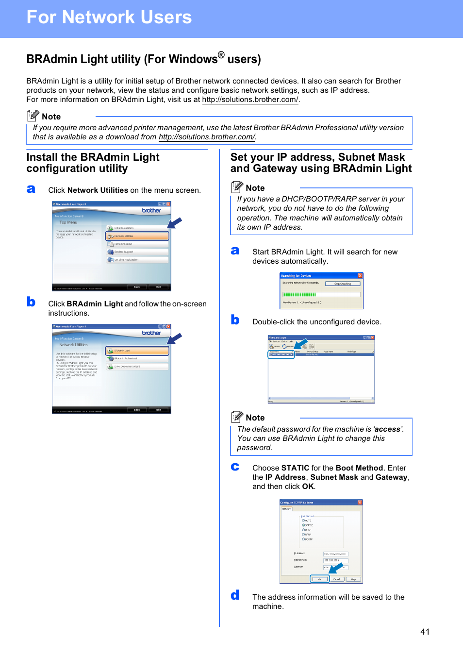 For network users, Bradmin light utility (for windows® users), Install the bradmin light configuration utility | Bradmin light utility (for windows, Users) | Brother MFC 8890DW User Manual | Page 41 / 46