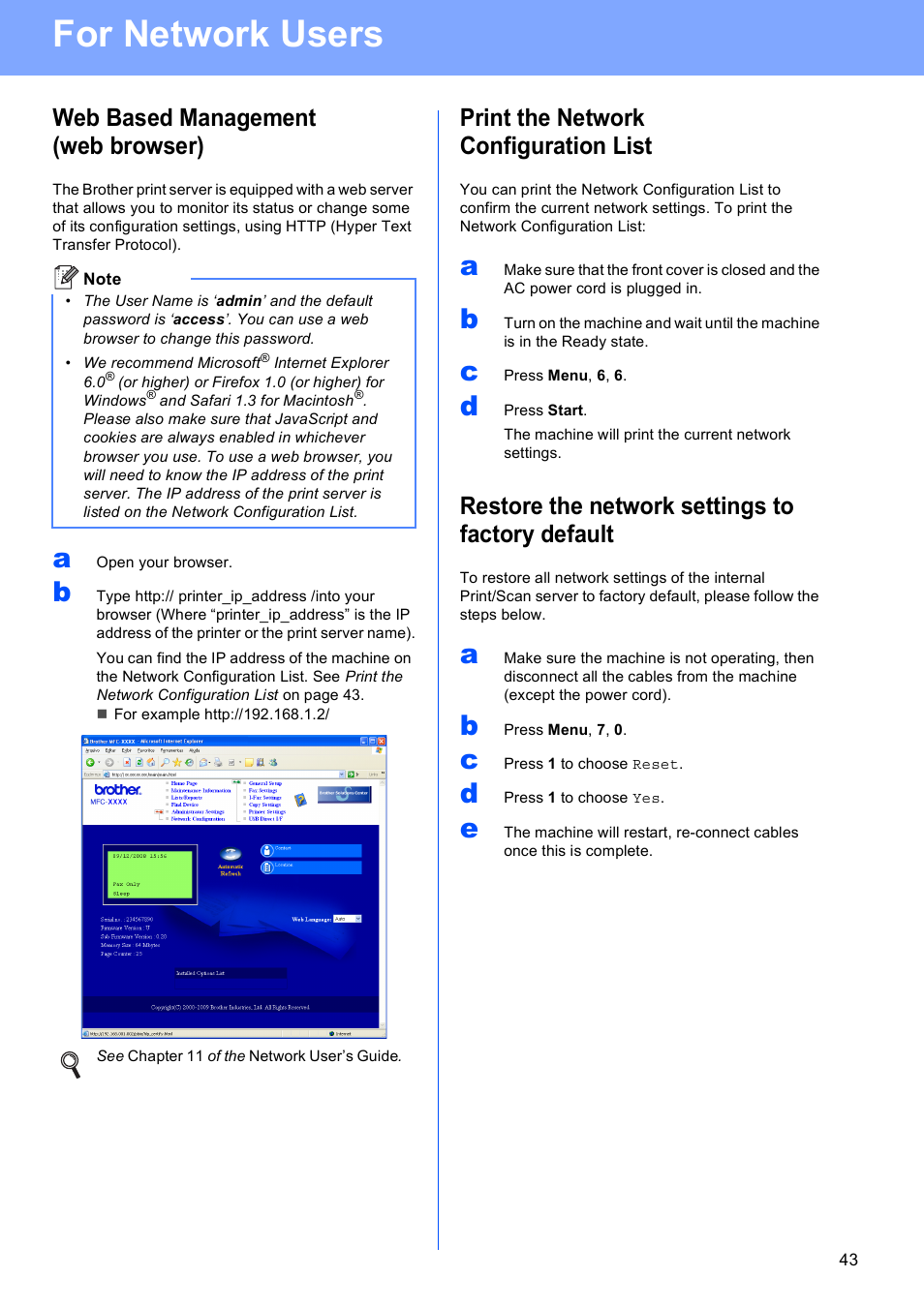 Web based management (web browser), Print the network configuration list, Restore the network settings to factory default | For network users | Brother MFC 8890DW User Manual | Page 43 / 46