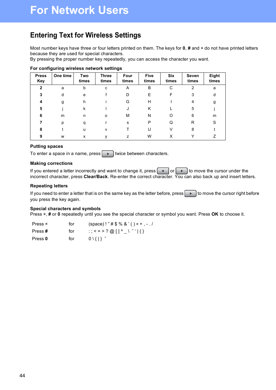 Entering text for wireless settings, For network users | Brother MFC 8890DW User Manual | Page 44 / 46