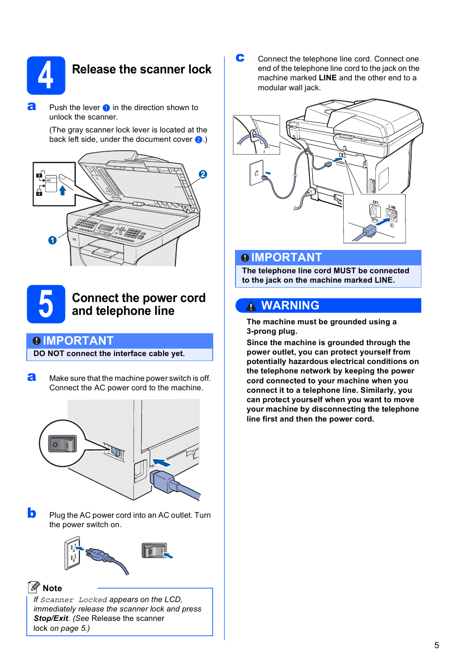 4 release the scanner lock, 5 connect the power cord and telephone line | Brother MFC 8890DW User Manual | Page 5 / 46