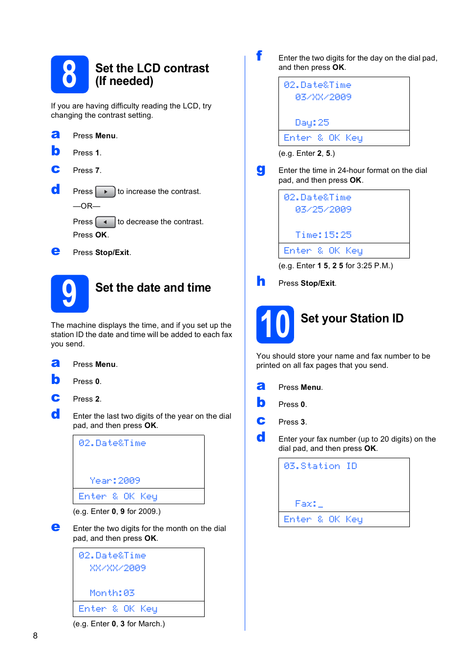 8 set the lcd contrast (if needed), 9 set the date and time, 10 set your station id | Brother MFC 8890DW User Manual | Page 8 / 46