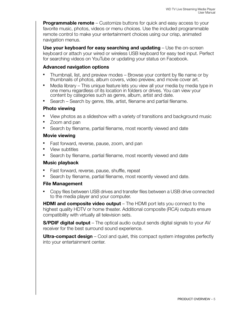 Zoom and pan, Fast forward, reverse, pause, zoom, and pan, View subtitles | Fast forward, reverse, pause, shuffle, repeat | Western Digital WD TV Live Streaming Media Player (Gen 3) User Manual User Manual | Page 10 / 237
