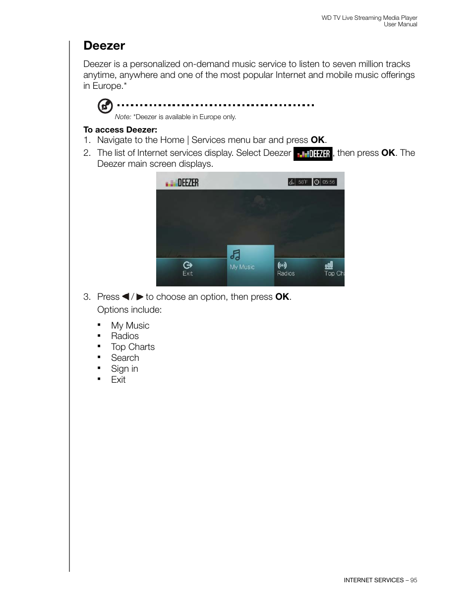 Deezer | Western Digital WD TV Live Streaming Media Player (Gen 3) User Manual User Manual | Page 100 / 237