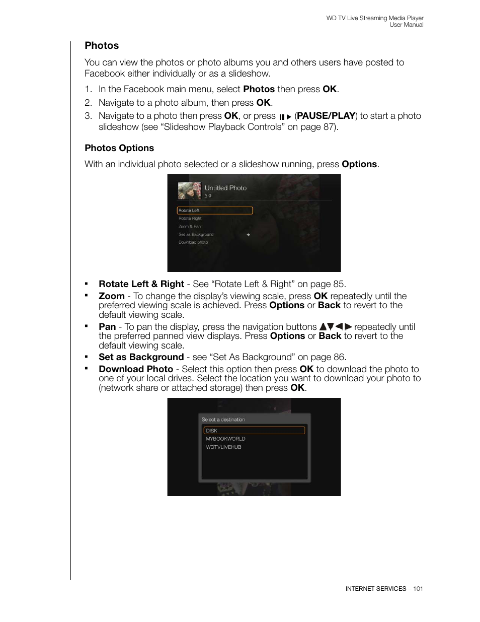 Photos, Photos options | Western Digital WD TV Live Streaming Media Player (Gen 3) User Manual User Manual | Page 106 / 237