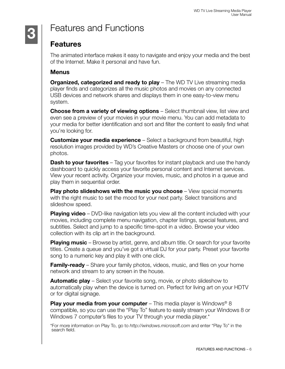 Features and functions, Features, Menus | Western Digital WD TV Live Streaming Media Player (Gen 3) User Manual User Manual | Page 11 / 237