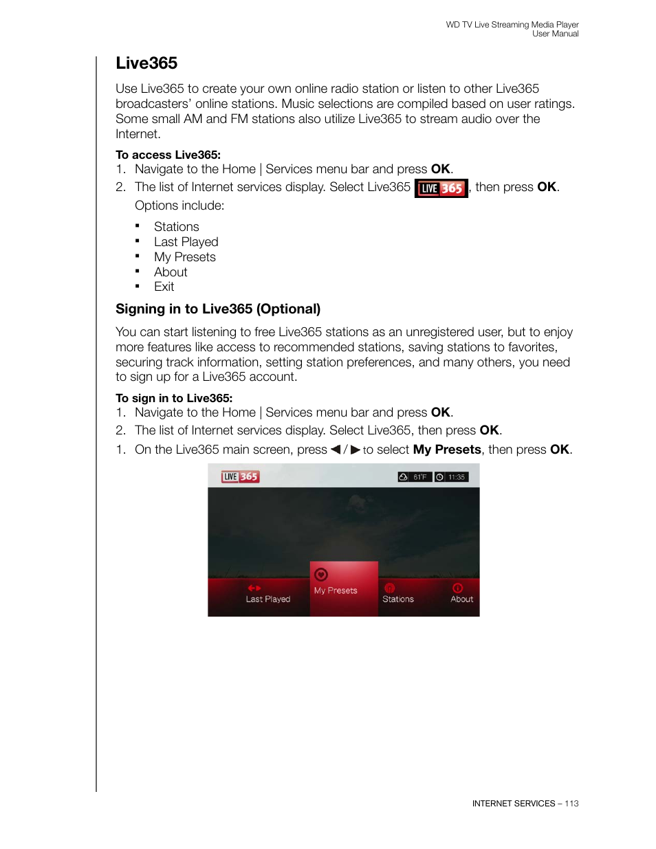 Live365, Signing in to live365 (optional) | Western Digital WD TV Live Streaming Media Player (Gen 3) User Manual User Manual | Page 118 / 237