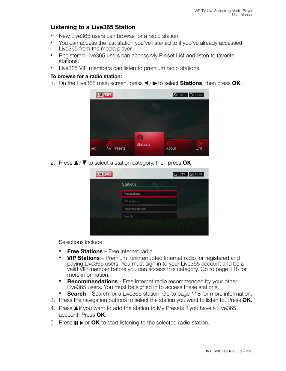 Listening to a live365 station | Western Digital WD TV Live Streaming Media Player (Gen 3) User Manual User Manual | Page 120 / 237