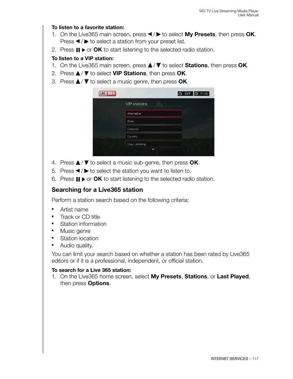 Searching for a live365 station | Western Digital WD TV Live Streaming Media Player (Gen 3) User Manual User Manual | Page 122 / 237