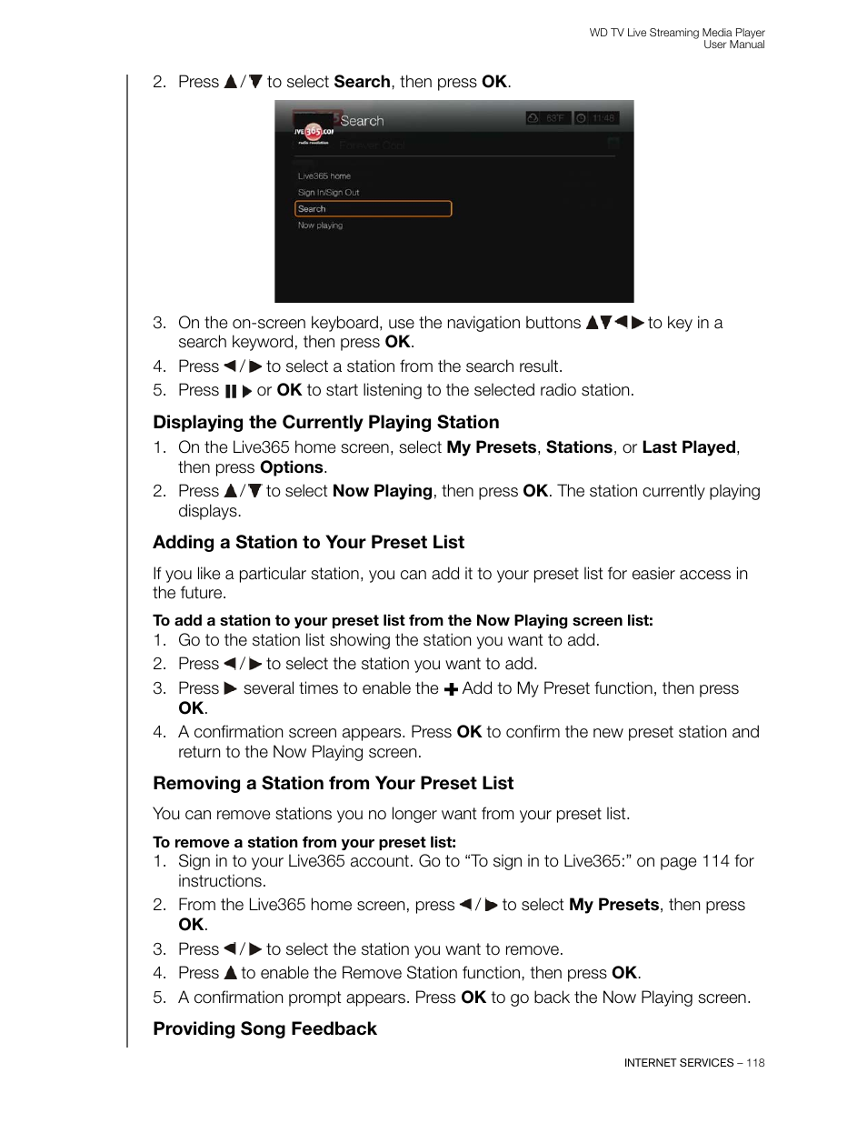 Displaying the currently playing station, Adding a station to your preset list, Removing a station from your preset list | Providing song feedback | Western Digital WD TV Live Streaming Media Player (Gen 3) User Manual User Manual | Page 123 / 237