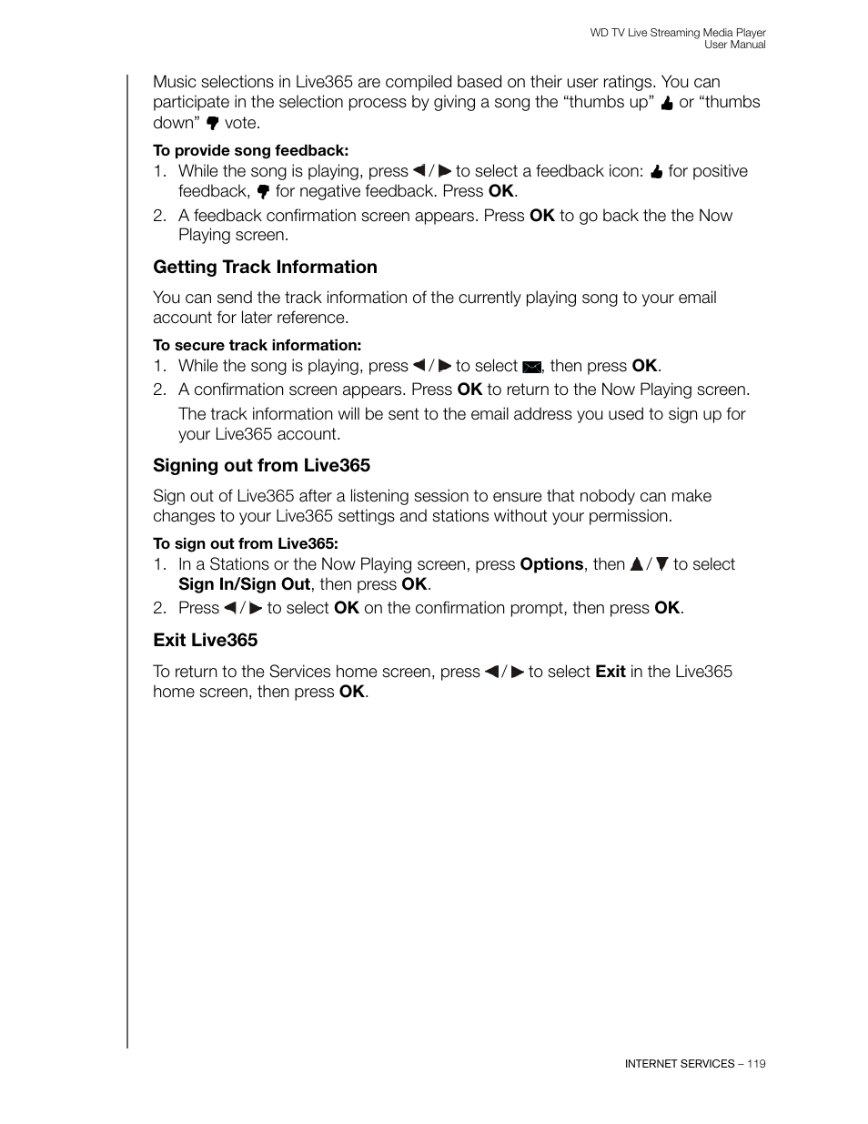 Getting track information, Signing out from live365, Exit live365 | Western Digital WD TV Live Streaming Media Player (Gen 3) User Manual User Manual | Page 124 / 237