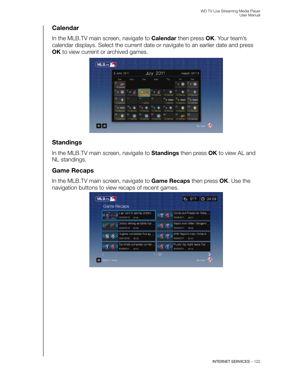 Calendar, Standings, Game recaps | Western Digital WD TV Live Streaming Media Player (Gen 3) User Manual User Manual | Page 127 / 237