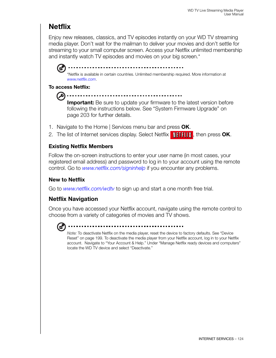 Netflix, Existing netflix members, New to netflix | Netflix navigation | Western Digital WD TV Live Streaming Media Player (Gen 3) User Manual User Manual | Page 129 / 237