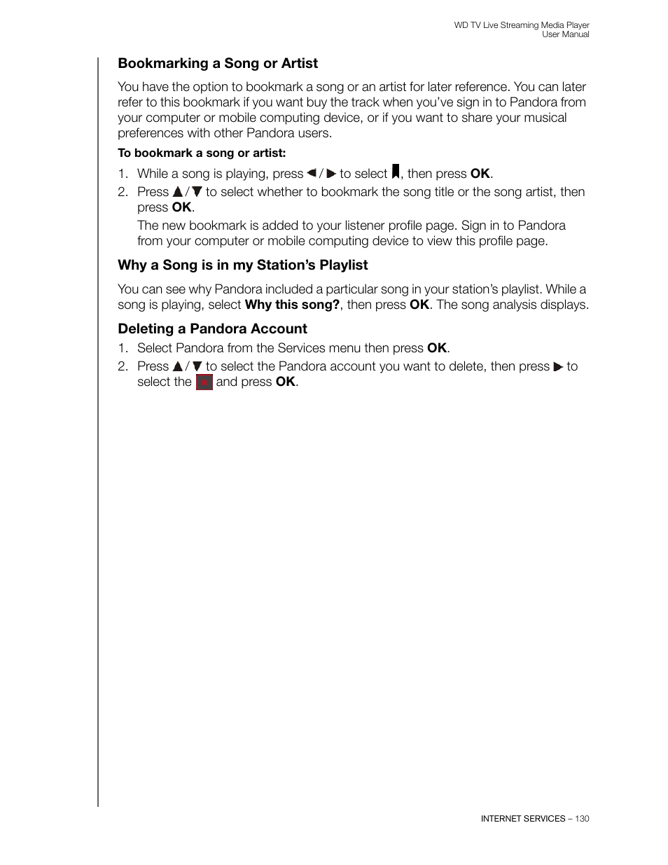 Bookmarking a song or artist, Why a song is in my station’s playlist, Deleting a pandora account | Western Digital WD TV Live Streaming Media Player (Gen 3) User Manual User Manual | Page 135 / 237