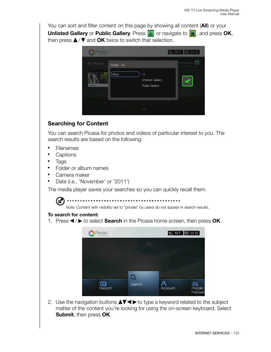 Searching for content | Western Digital WD TV Live Streaming Media Player (Gen 3) User Manual User Manual | Page 138 / 237