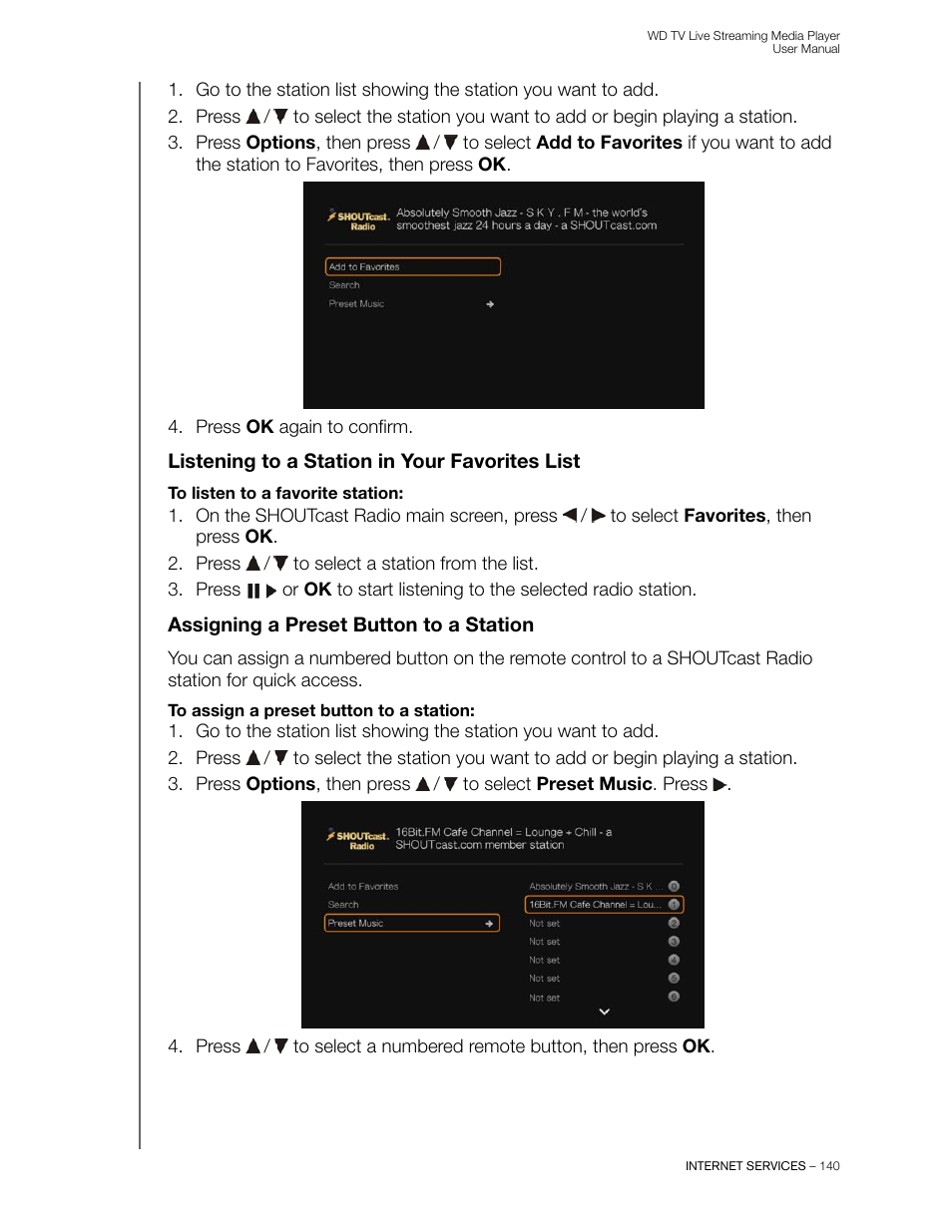 Listening to a station in your favorites list, Assigning a preset button to a station | Western Digital WD TV Live Streaming Media Player (Gen 3) User Manual User Manual | Page 145 / 237