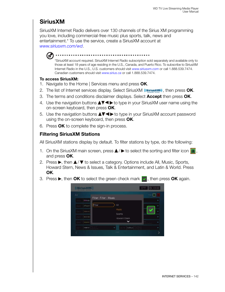 Siriusxm, Filtering siriusxm stations | Western Digital WD TV Live Streaming Media Player (Gen 3) User Manual User Manual | Page 147 / 237