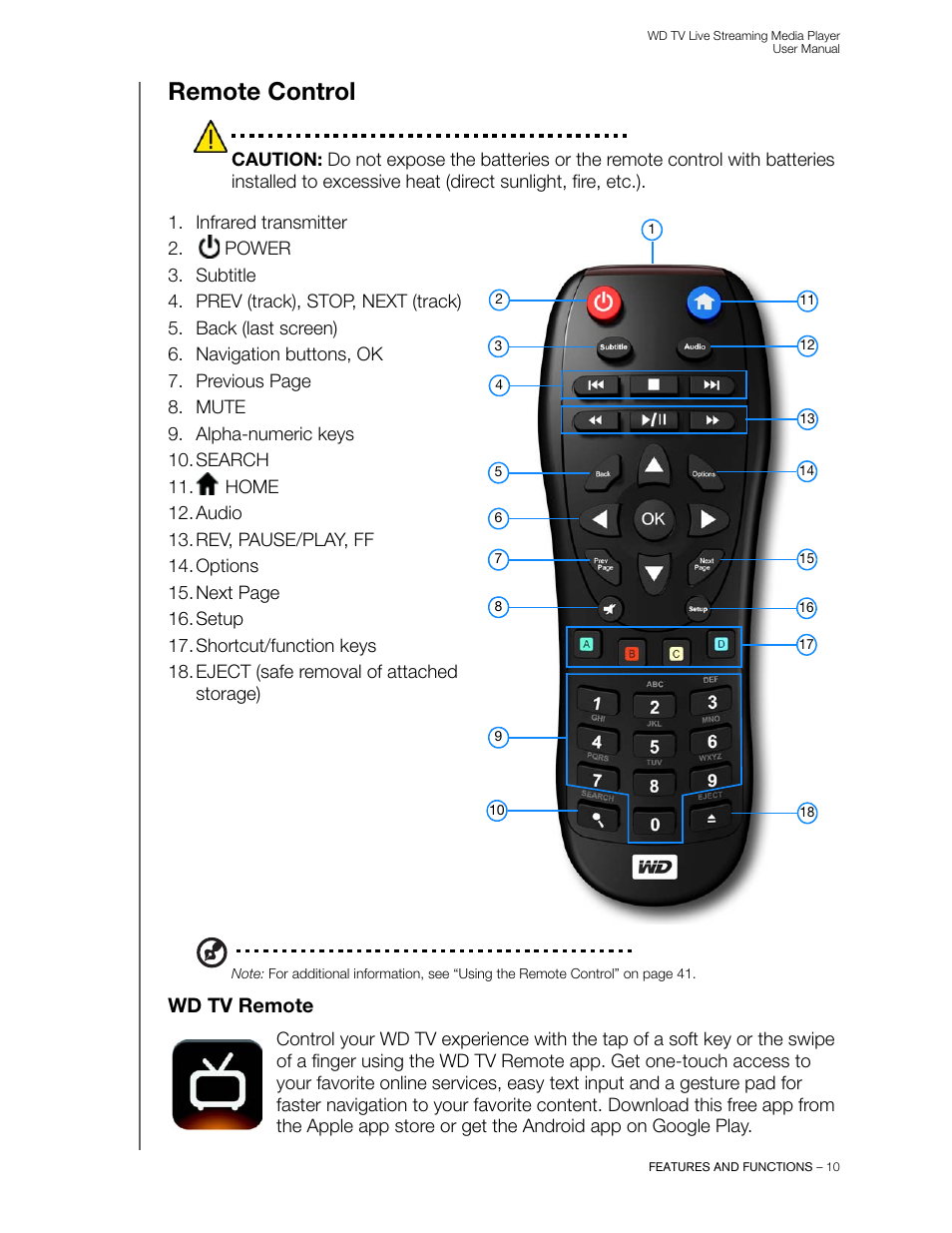 Remote control, Wd tv remote | Western Digital WD TV Live Streaming Media Player (Gen 3) User Manual User Manual | Page 15 / 237