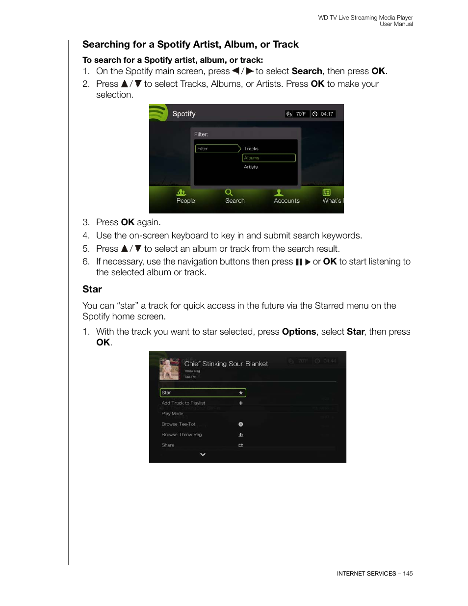 Searching for a spotify artist, album, or track, Star | Western Digital WD TV Live Streaming Media Player (Gen 3) User Manual User Manual | Page 150 / 237