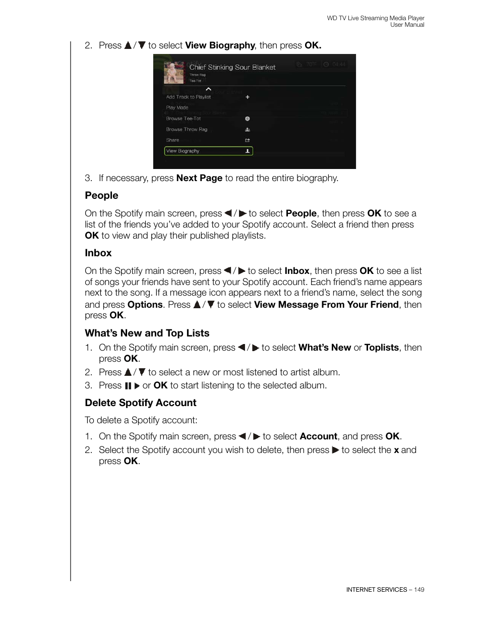 People, Inbox, What’s new and top lists | Delete spotify account | Western Digital WD TV Live Streaming Media Player (Gen 3) User Manual User Manual | Page 154 / 237