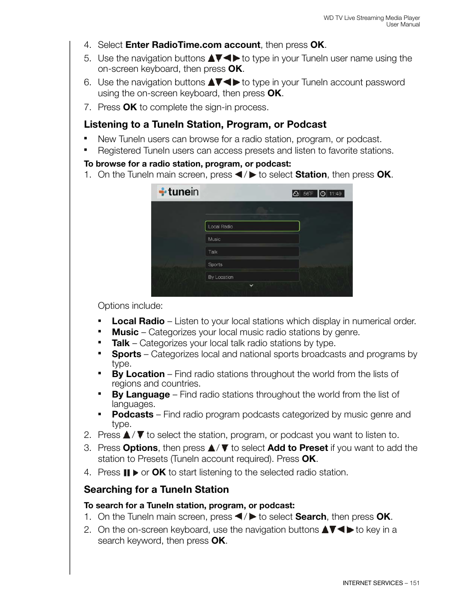 Listening to a tunein station, program, or podcast, Searching for a tunein station | Western Digital WD TV Live Streaming Media Player (Gen 3) User Manual User Manual | Page 156 / 237
