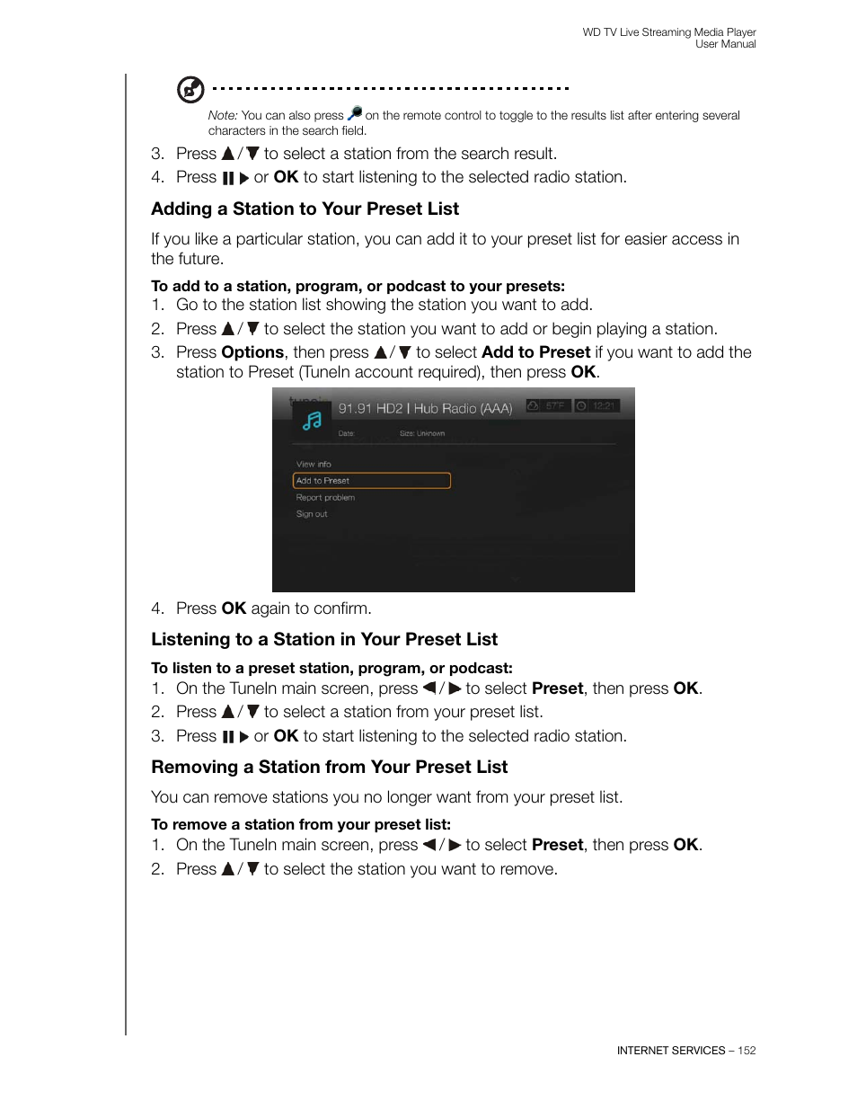 Adding a station to your preset list, Listening to a station in your preset list, Removing a station from your preset list | Western Digital WD TV Live Streaming Media Player (Gen 3) User Manual User Manual | Page 157 / 237