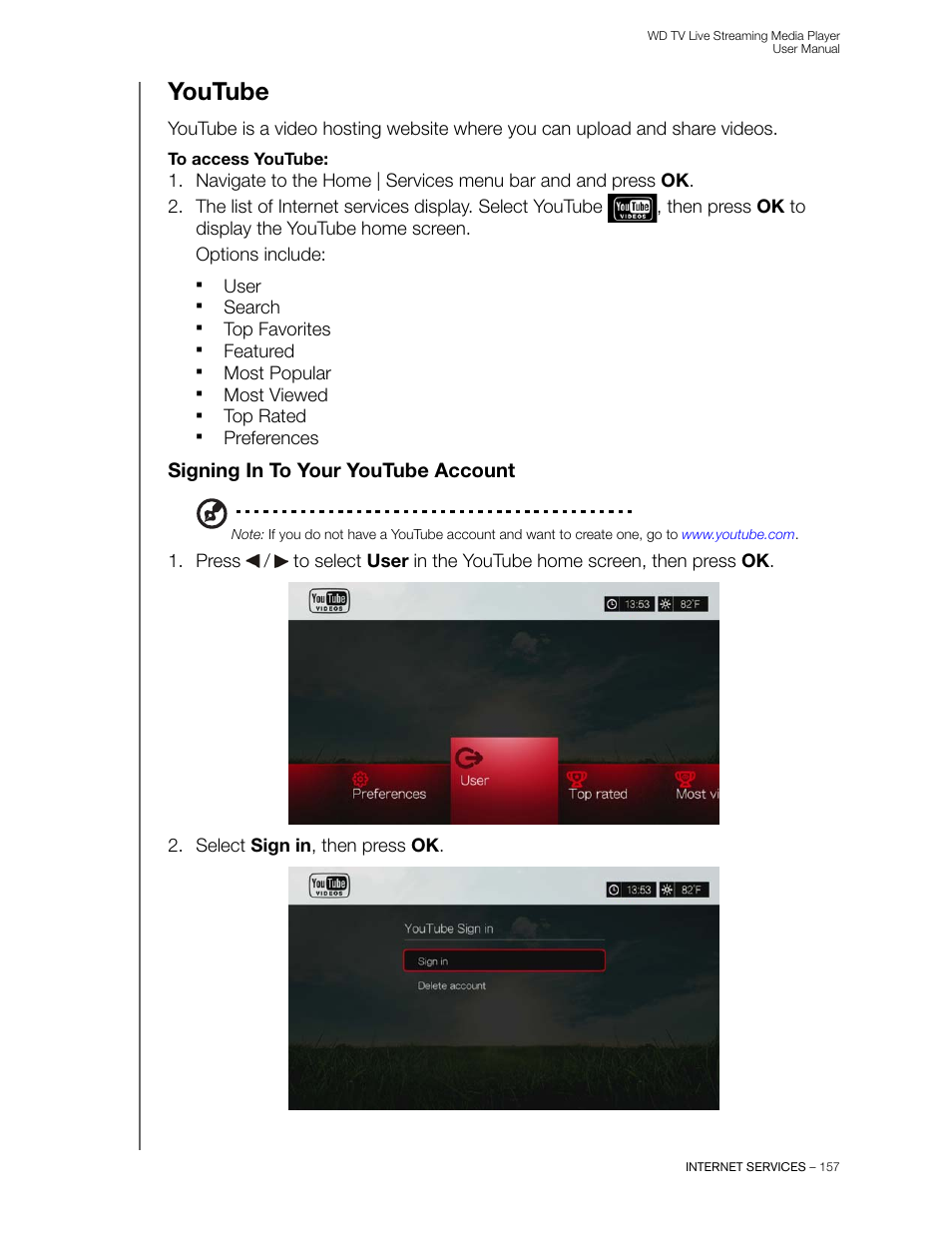 Youtube, Signing in to your youtube account | Western Digital WD TV Live Streaming Media Player (Gen 3) User Manual User Manual | Page 162 / 237