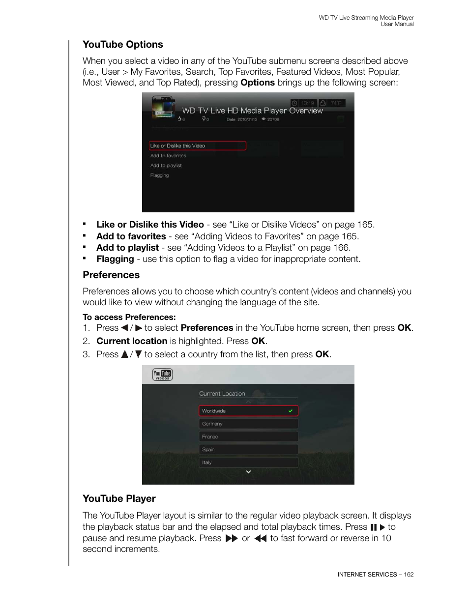 Youtube options, Preferences, Youtube player | Western Digital WD TV Live Streaming Media Player (Gen 3) User Manual User Manual | Page 167 / 237