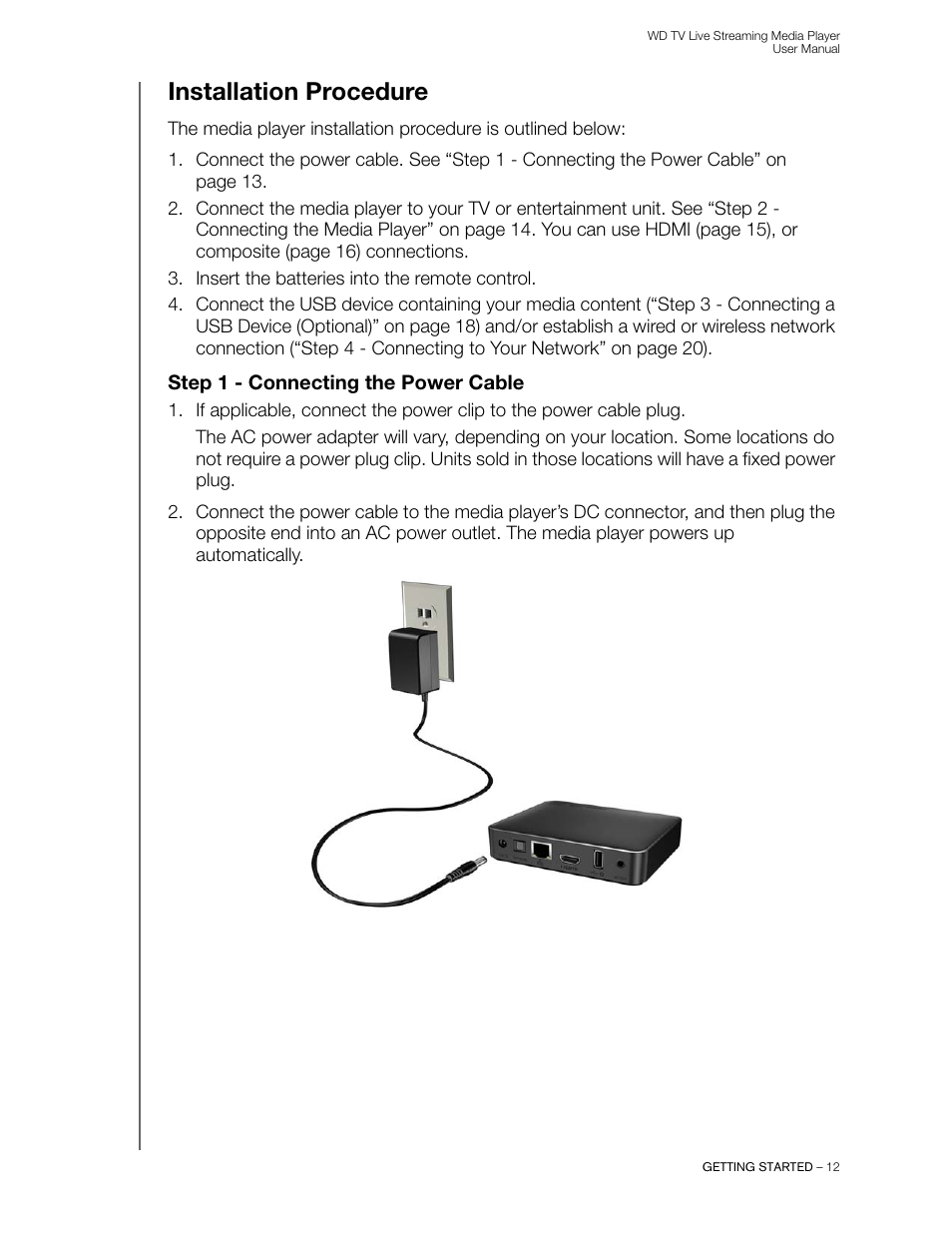 Installation procedure, Step 1 - connecting the power cable | Western Digital WD TV Live Streaming Media Player (Gen 3) User Manual User Manual | Page 17 / 237