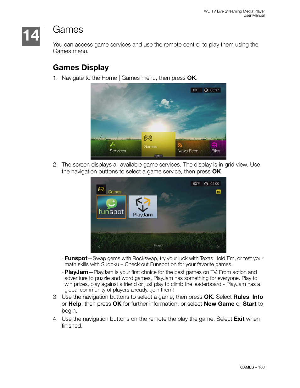 Games, Games display | Western Digital WD TV Live Streaming Media Player (Gen 3) User Manual User Manual | Page 173 / 237