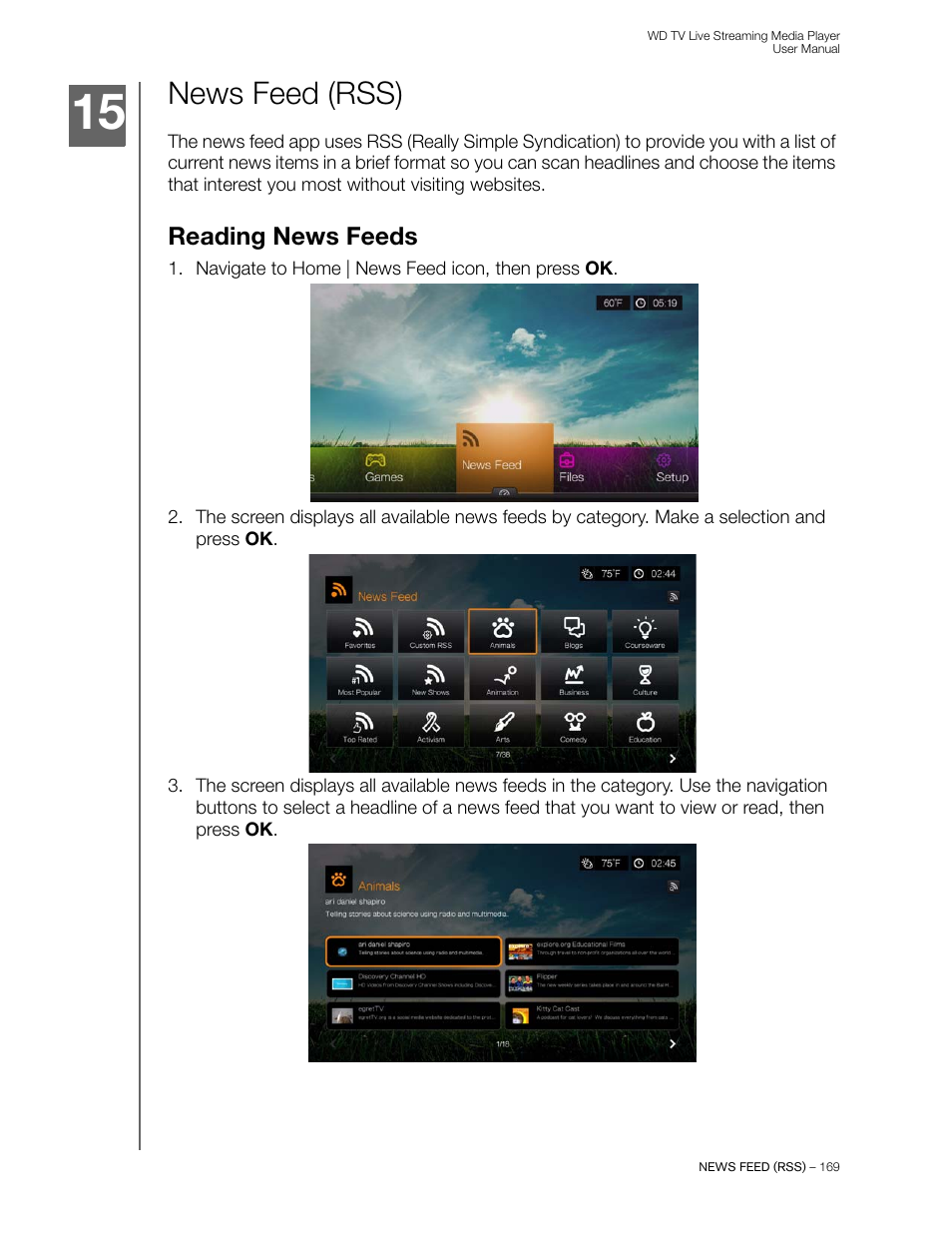 News feed (rss), Reading news feeds | Western Digital WD TV Live Streaming Media Player (Gen 3) User Manual User Manual | Page 174 / 237