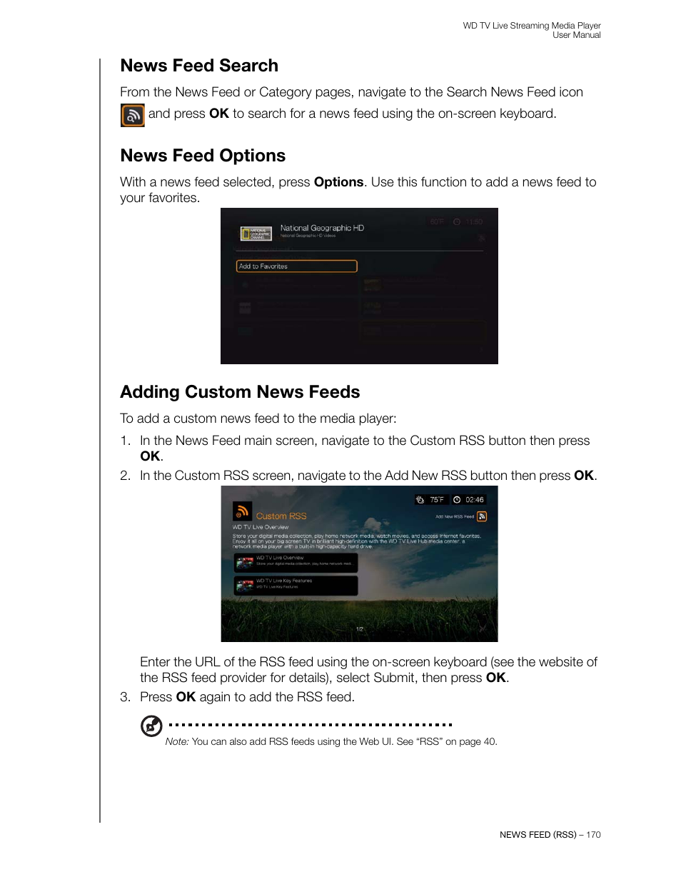 News feed search, News feed options, Adding custom news feeds | Western Digital WD TV Live Streaming Media Player (Gen 3) User Manual User Manual | Page 175 / 237