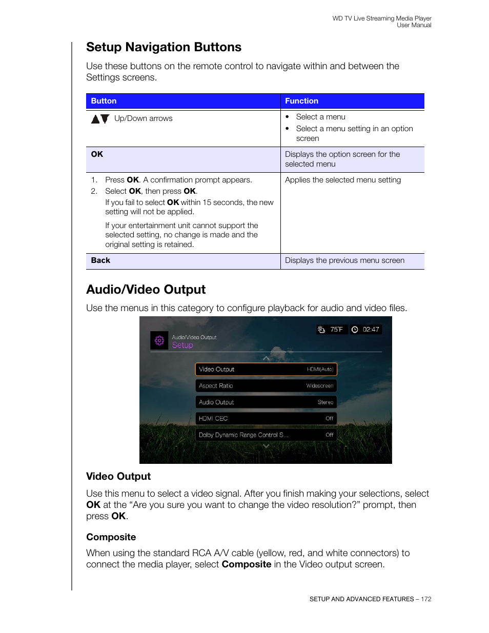 Setup navigation buttons, Audio/video output, Video output | Composite | Western Digital WD TV Live Streaming Media Player (Gen 3) User Manual User Manual | Page 177 / 237