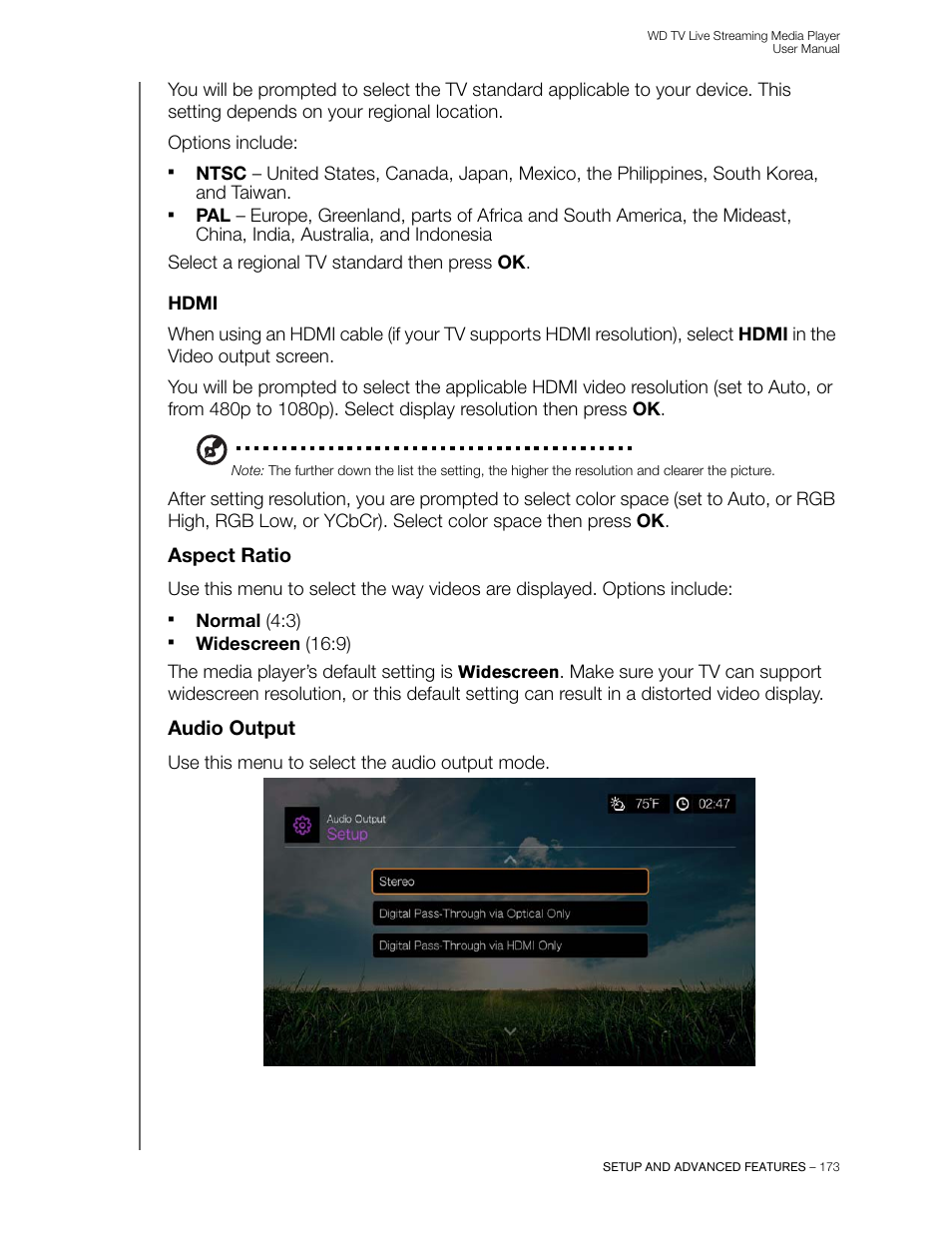Hdmi, Aspect ratio, Audio output | Western Digital WD TV Live Streaming Media Player (Gen 3) User Manual User Manual | Page 178 / 237