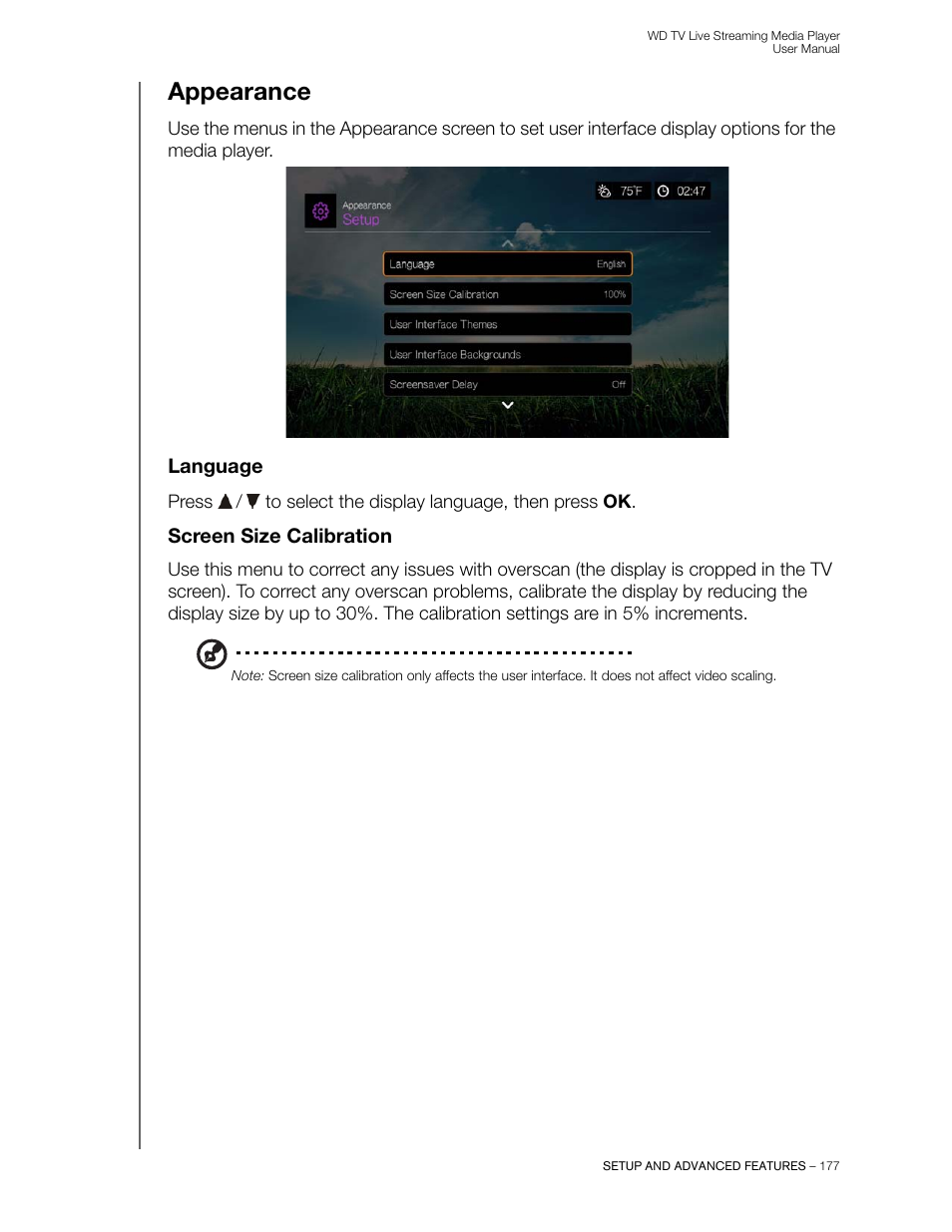 Appearance, Language, Screen size calibration | Western Digital WD TV Live Streaming Media Player (Gen 3) User Manual User Manual | Page 182 / 237