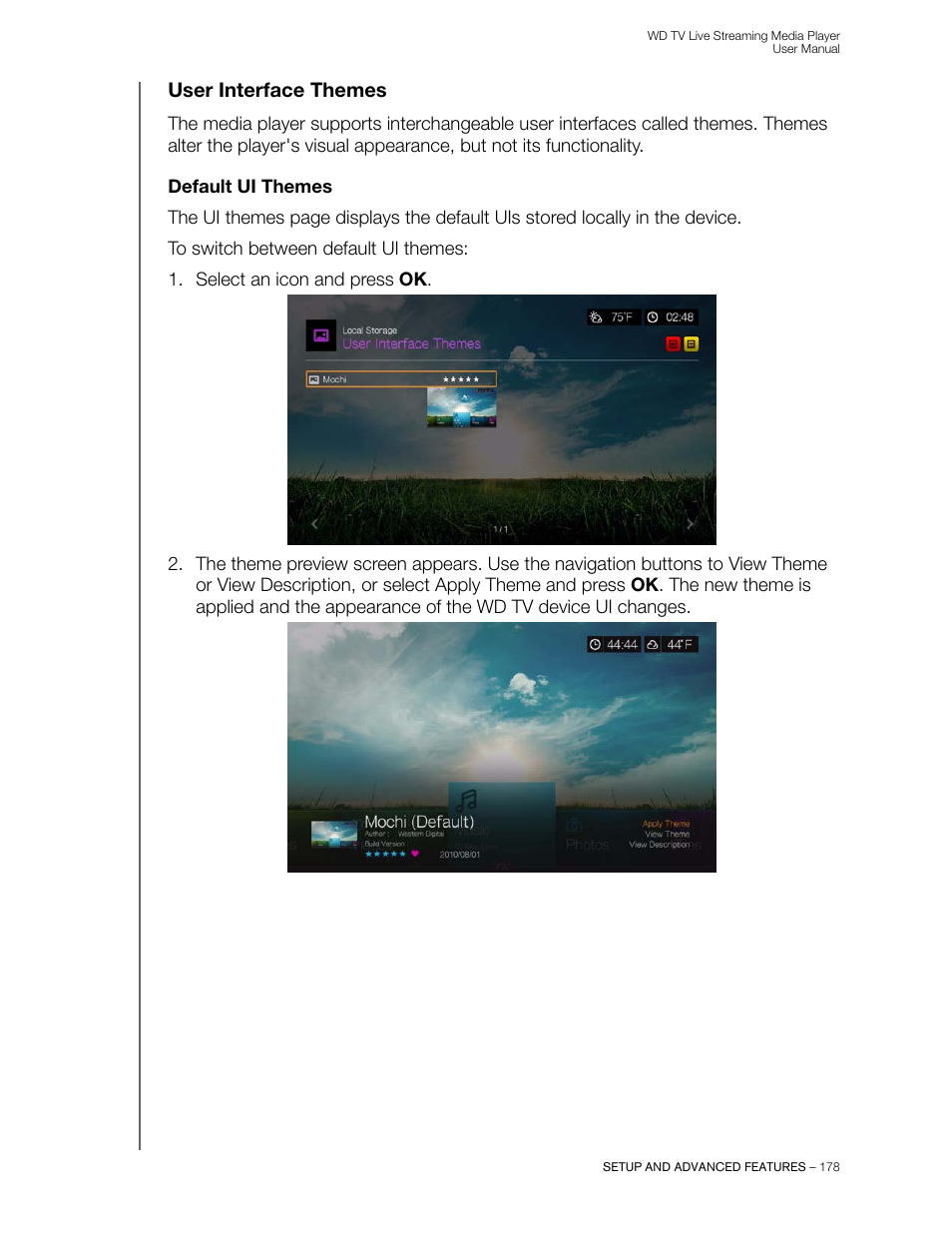 User interface themes, Default ui themes | Western Digital WD TV Live Streaming Media Player (Gen 3) User Manual User Manual | Page 183 / 237