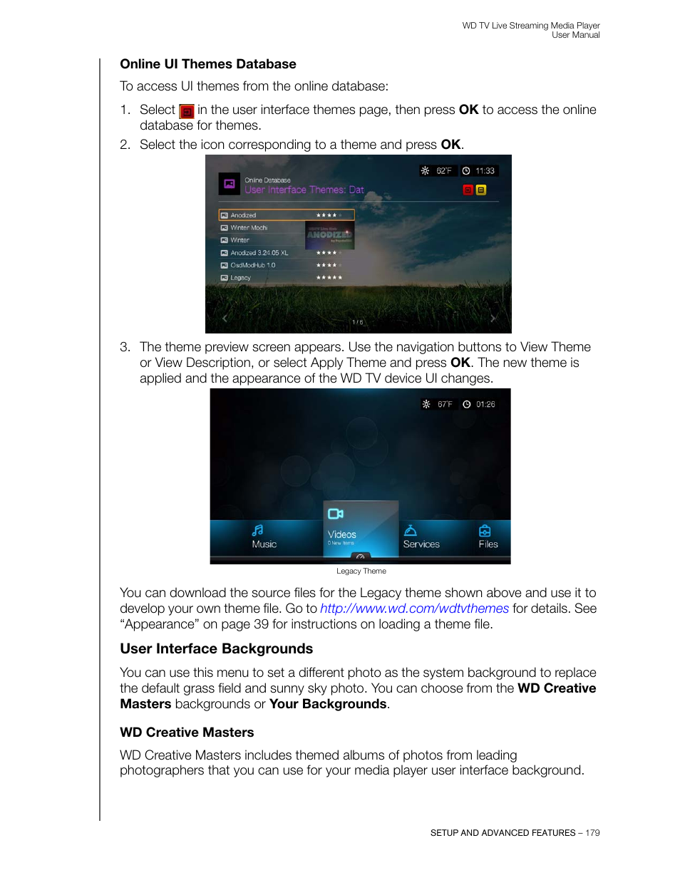 Online ui themes database, User interface backgrounds, Wd creative masters | Western Digital WD TV Live Streaming Media Player (Gen 3) User Manual User Manual | Page 184 / 237