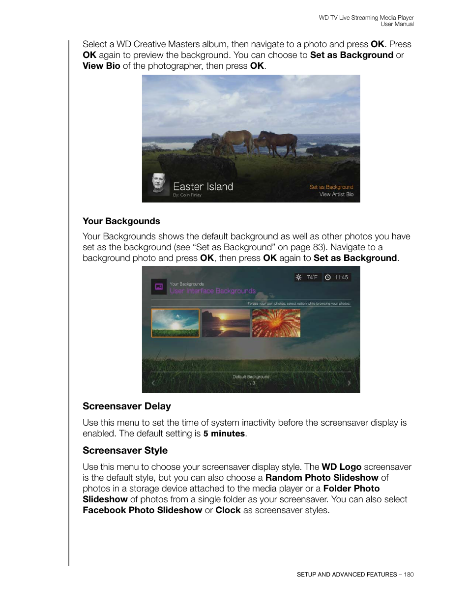 Your backgounds, Screensaver delay, Screensaver style | Western Digital WD TV Live Streaming Media Player (Gen 3) User Manual User Manual | Page 185 / 237